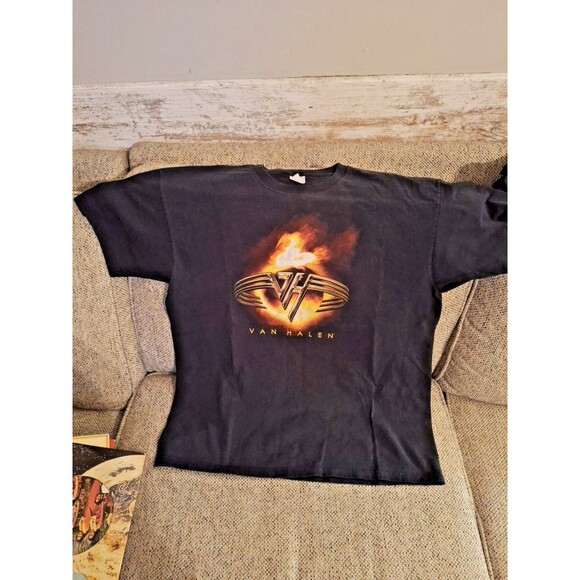 Vintage Van Halen Men's Flaming Globe VH Rings Logo Black T-Shirt Size XL - Picture 2 of 11